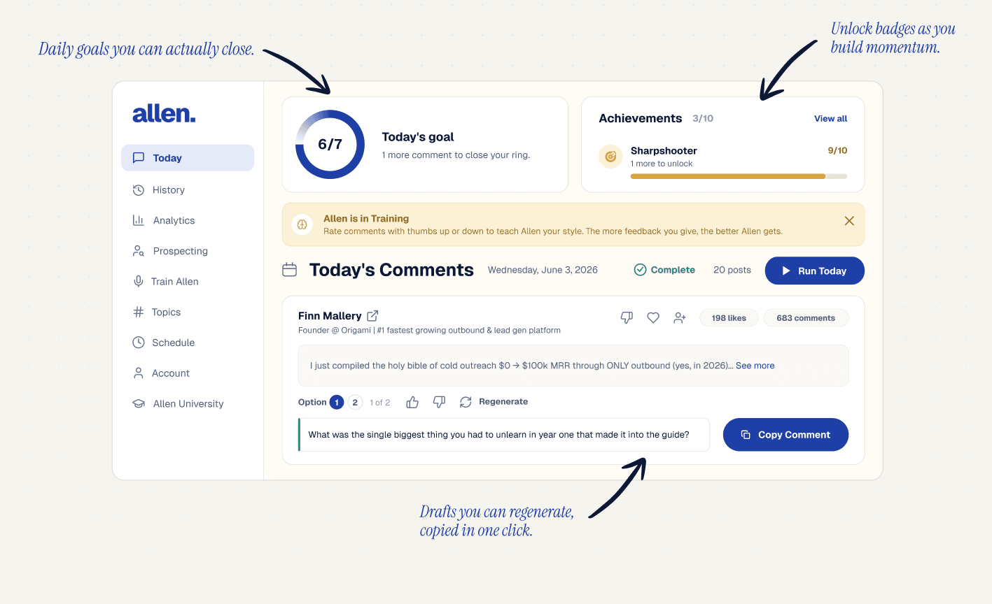 The Allen dashboard: daily goal ring, achievements, and AI-drafted comments ready to review.